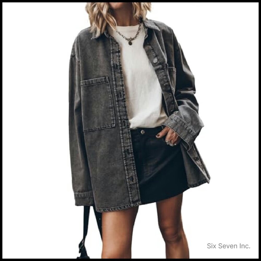 Oversized Denim Jacket Classic Button Up Casual Chic Y2K Retro Boyfriend Fit - Picture 2 of 8
